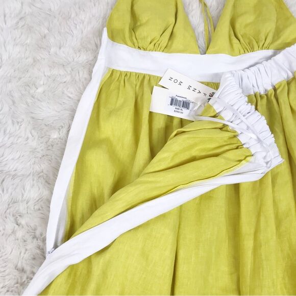 FANM MON Yamile 100% Linen Halter‎ Midi Dress Floral Embroidered Yellow XL New - Picture 12 of 14